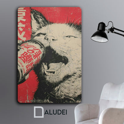 GATO JAPONES TOMANDO SODA CUADRO DE ALUMINIO SUBLIMADO 40X60 CM