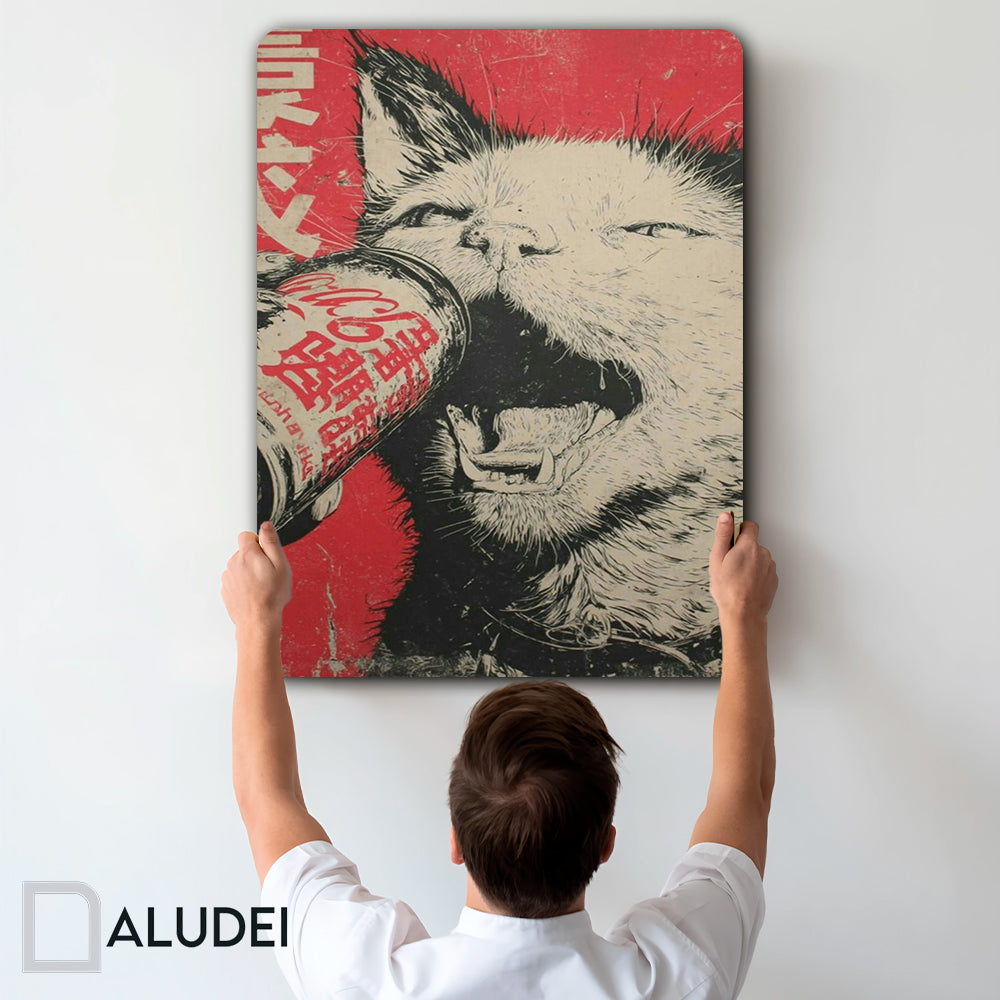 GATO JAPONES TOMANDO SODA CUADRO DE ALUMINIO SUBLIMADO 40X60 CM