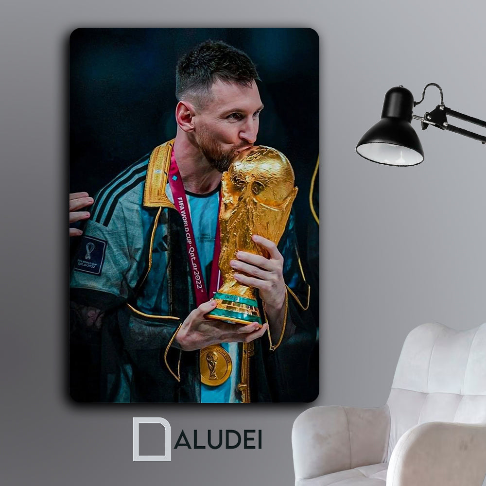 CAMPEÓN DEL MUNDO BESANDO COPA CUADRO DE ALUMINIO SUBLIMADO 40X60 CM