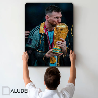 CAMPEÓN DEL MUNDO BESANDO COPA CUADRO DE ALUMINIO SUBLIMADO 40X60 CM